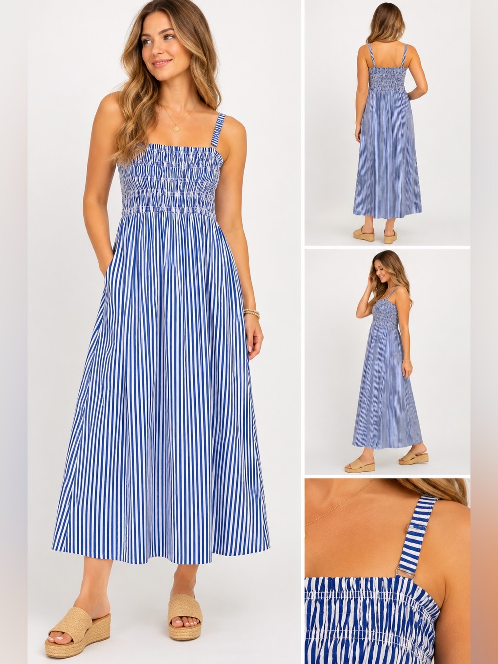 NWT Market & Spruce Alana Blue White Stripe Smocked Poplin Midi Dress L